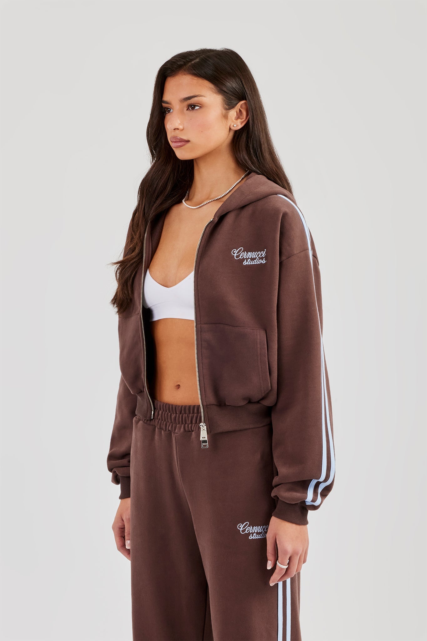 Studios Taping Boxy Zip Through Hoodie - Chocolate